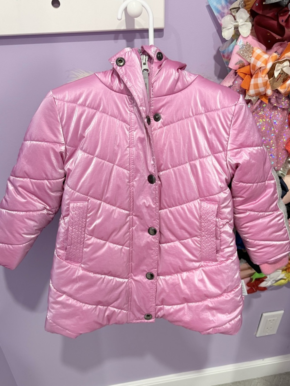 Hatley (2T **Runs Big**)Shiny Pink Puffer in Sherpa Lining Coat with Hood